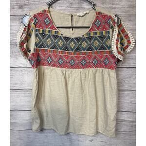 THML Anthropologie Beige Multicolored Embroidery Top Size XS Split Sleeve